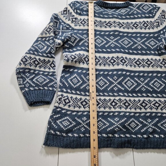 Over Pull Scandinavian Pattern Cardigan Womens L Blue White LS Cottage Lagenlook - Picture 7 of 14